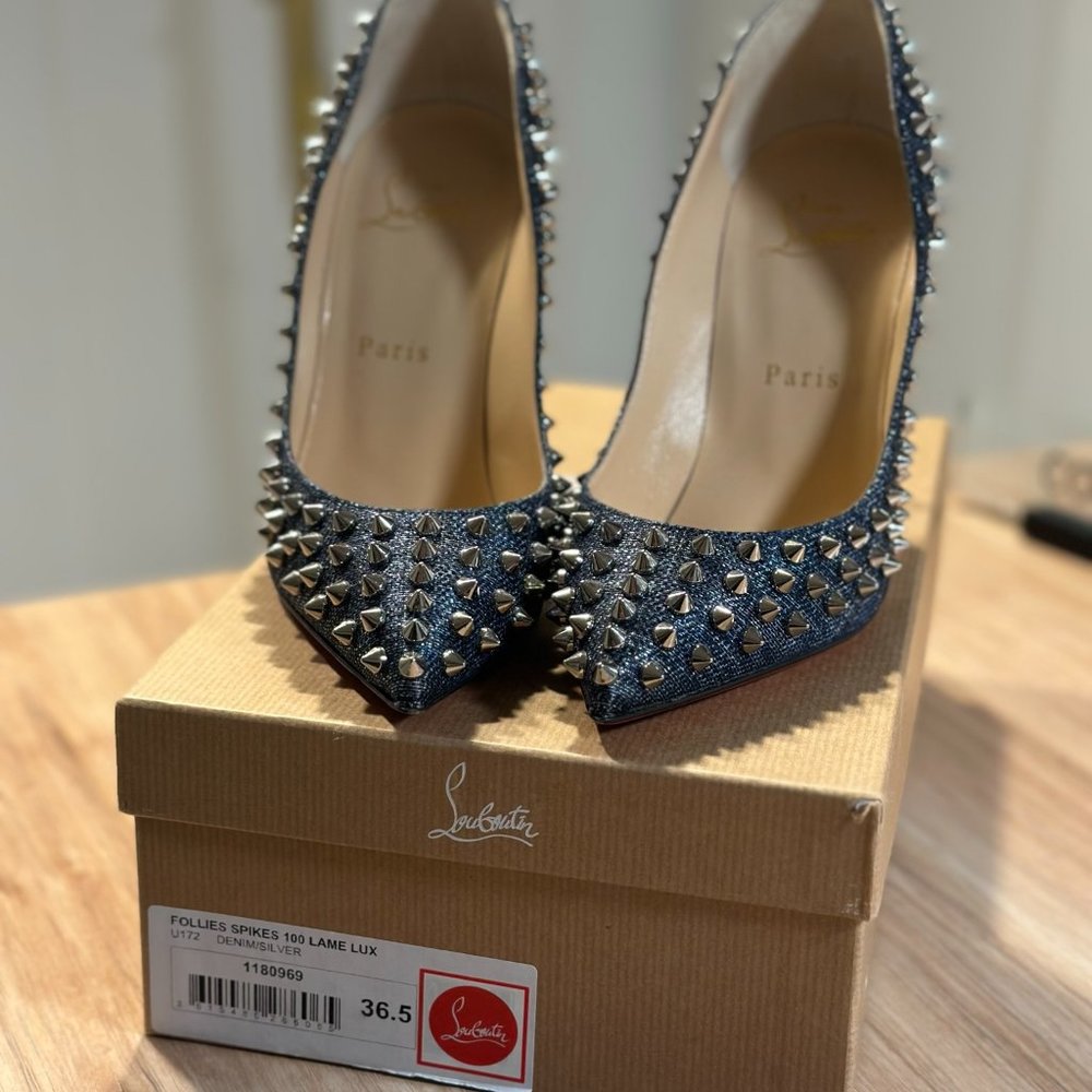 Christian Louboutin Follies Spikes 100 Denim / Silver - Picture 5 of 5